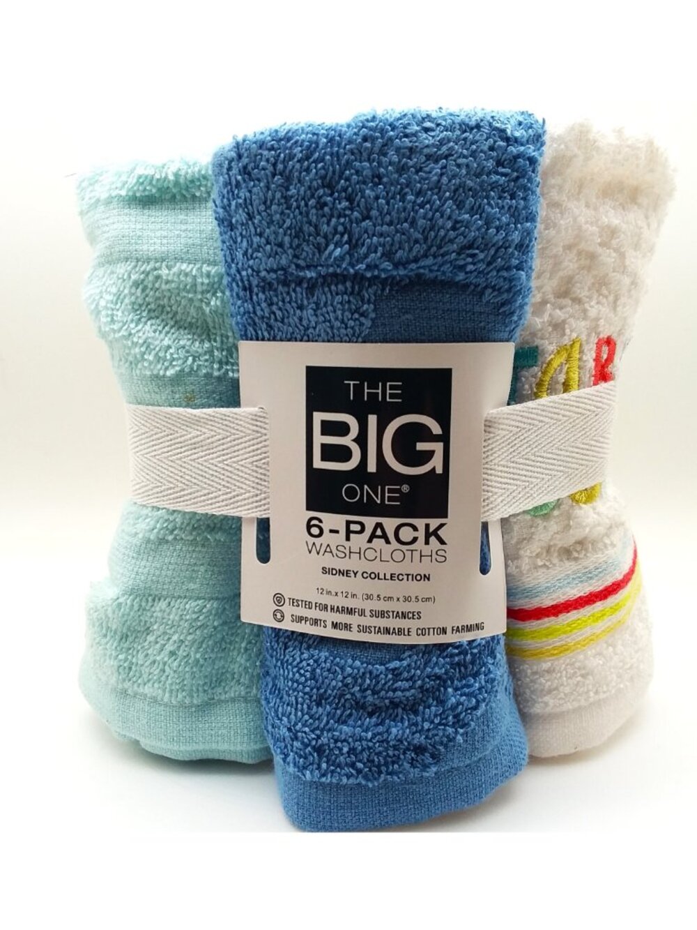 The Big One Washcloths 6 Pack Set Sidney Collection Blue Green White Embroidered